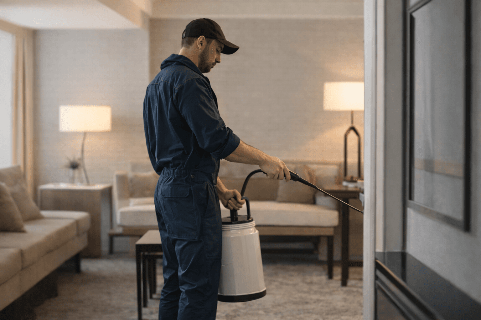 A Zero Bugs professional applying a safer pest control treatment inside a home